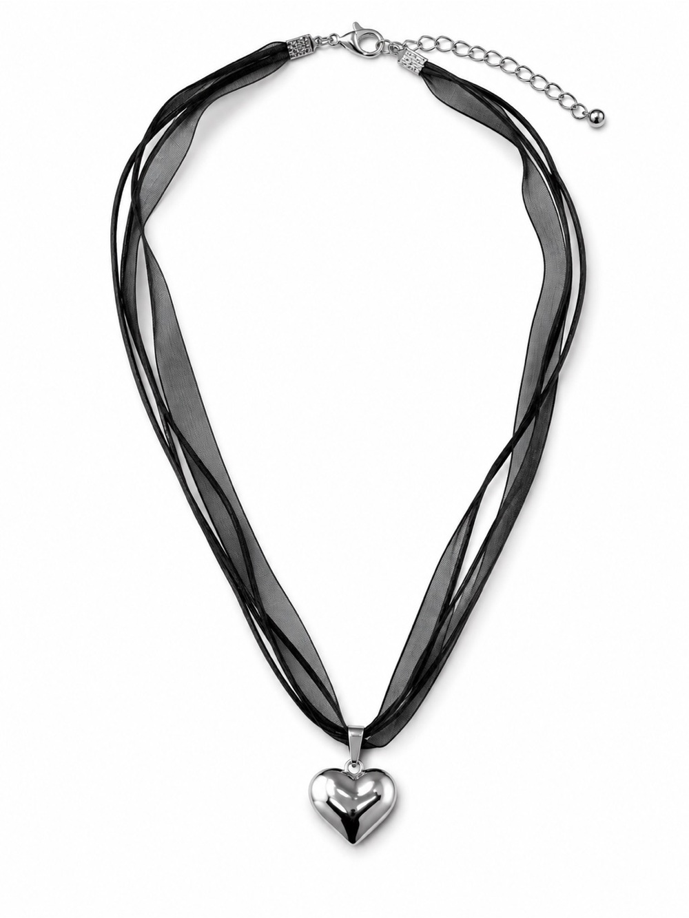 Silver Heart Pendant Necklace with Black Ribbon Straps